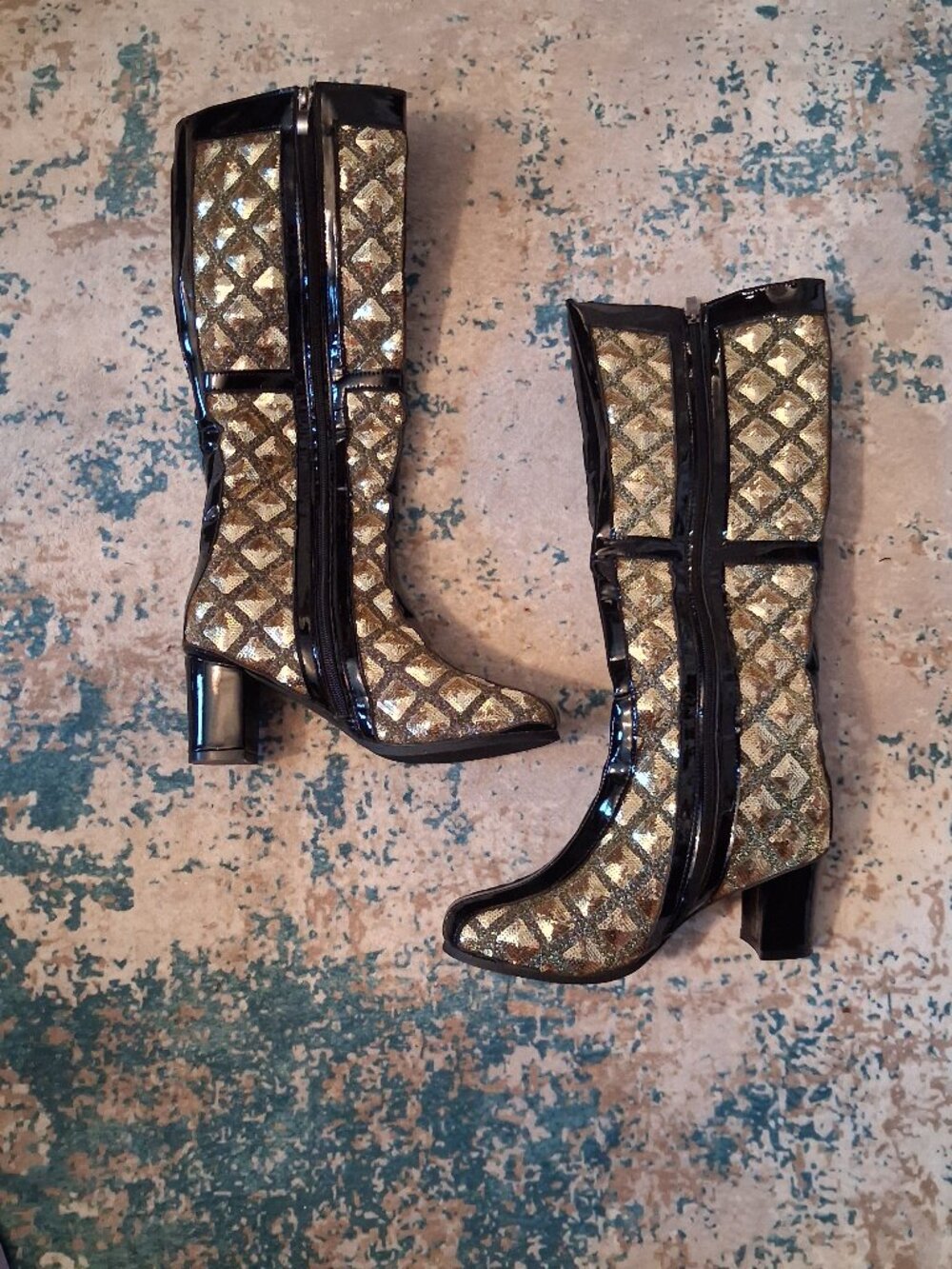 Black and gold heeled sequin boots